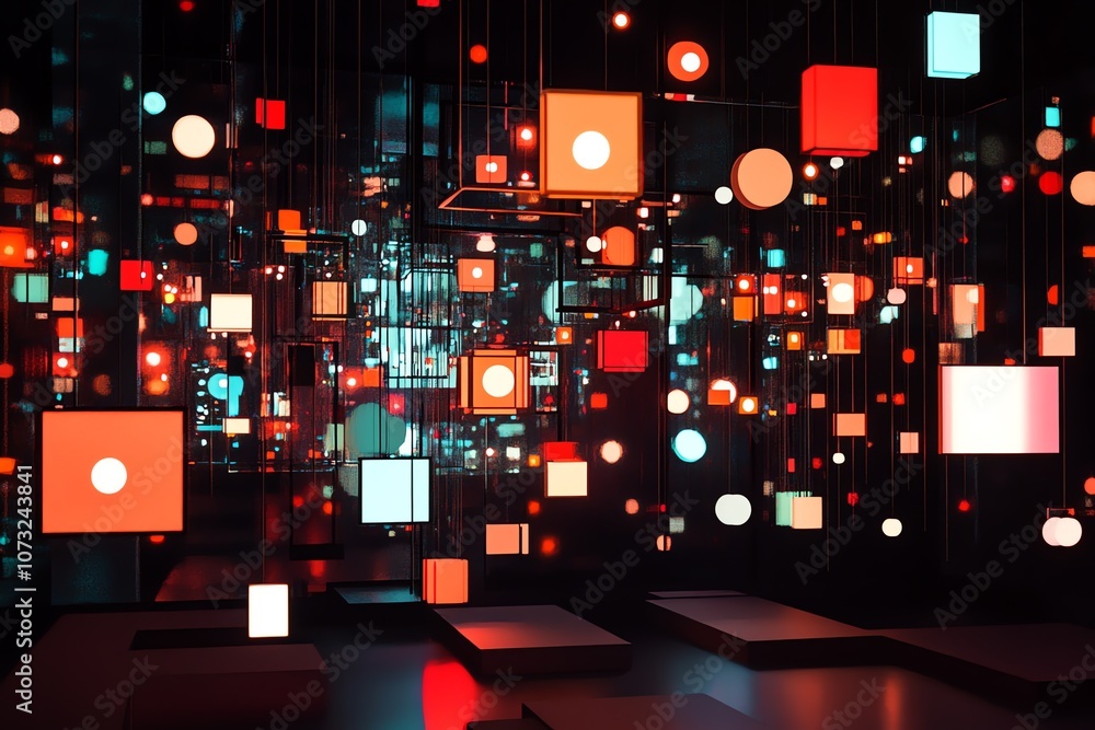 Floating shapes and glowing circuits in a dark setting. Floating shapes and glowing circuits in a dark setting.