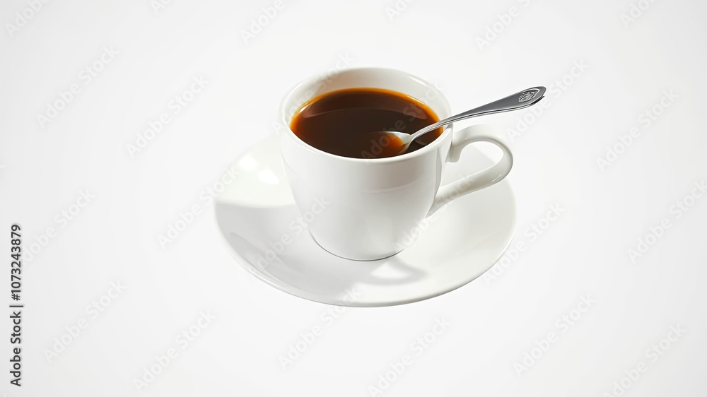 A solitary cup of coffee, resting on a white saucer with a single spoon nestled in the cup, against a stark white backdrop. A solitary cup of coffee, resting on a white saucer with a single spoon nestled in the cup, against a stark white backdrop.