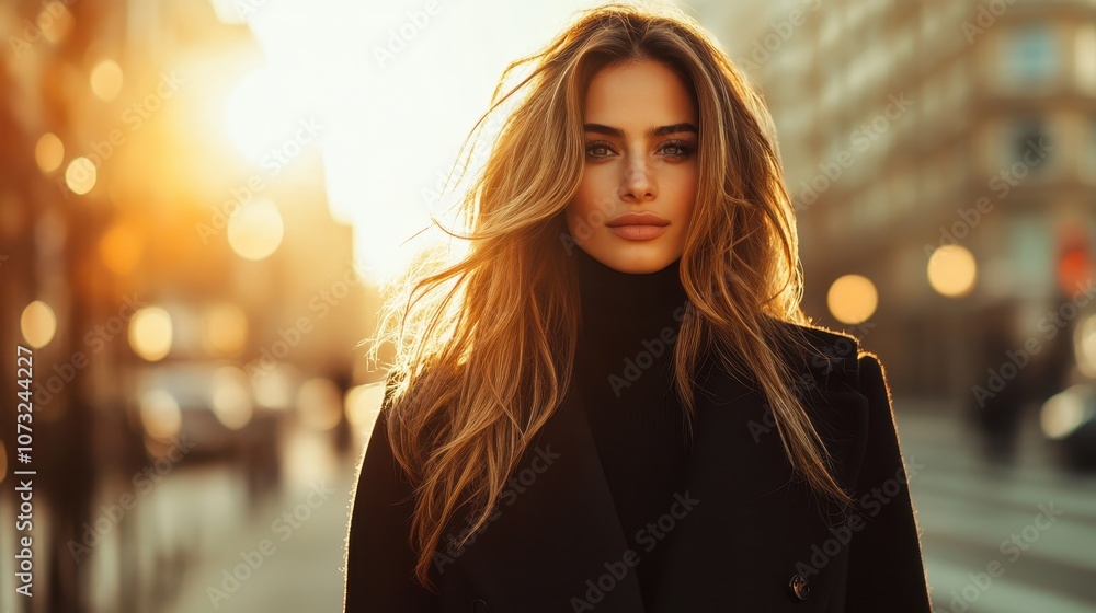 Fototapeta premium A woman with flowing hair in a black coat stands confidently as the sun sets, casting a golden glow and creating a vibrant urban atmosphere filled with warmth.