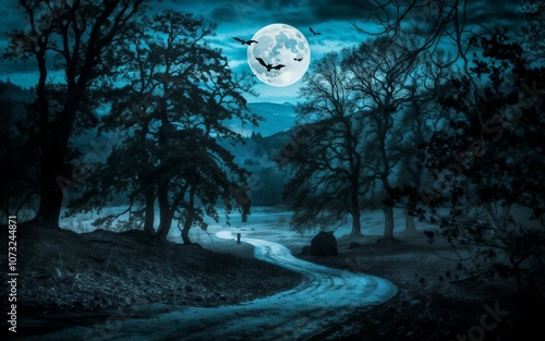 A dark, mystical forest at night with a winding path under a full moon, silhouetted trees, and bats flying through an eerie, foggy sky. Perfect for fantasy, thriller or horror themes photo