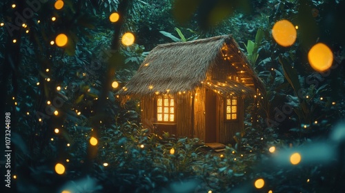 tiny house with a thatched roof, surrounded by fairy lights in a dense forest