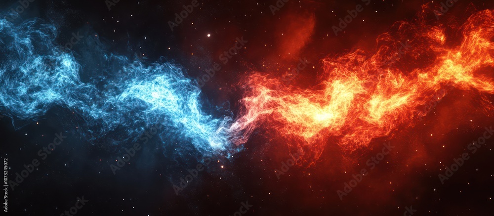 Fototapeta premium Abstract blue and red fire clashing in a cosmic space setting with stars.