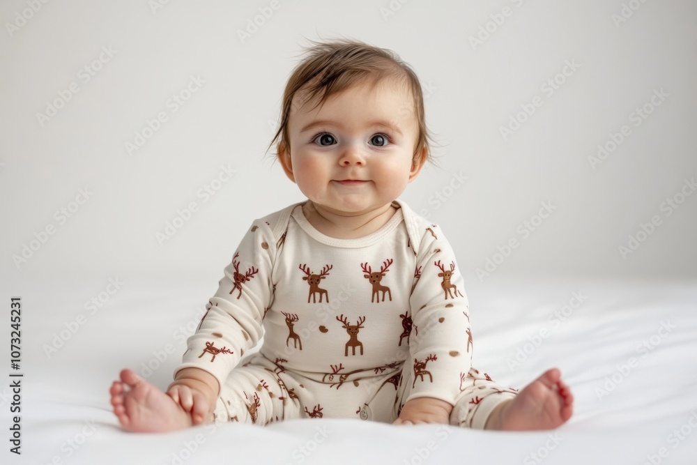 A cute baby sits on a soft bed wearing a playful reindeer-patterned outfit. The innocence and joy of childhood is beautifully captured. Generative AI A cute baby sits on a soft bed wearing a playful reindeer-patterned outfit. The innocence and joy of childhood is beautifully captured. Generative AI