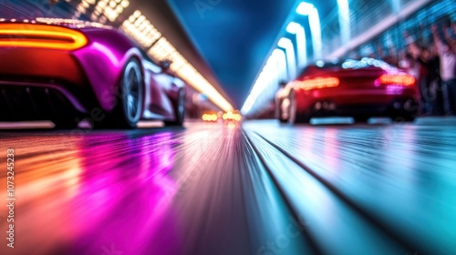 Sleek sports cars race through a neon-lit tunnel, creating a blur of vibrant colors, AI