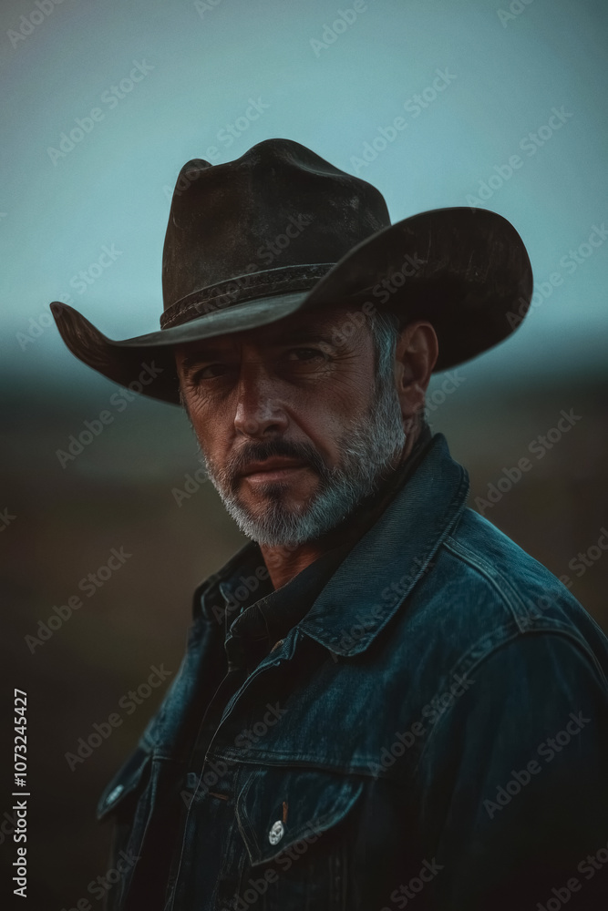 Portrait of a grey bearded cowboy with hat and jacket. Blurry landscape in the background. Clear film grain visible. Portrait of a grey bearded cowboy with hat and jacket. Blurry landscape in the background. Clear film grain visible.