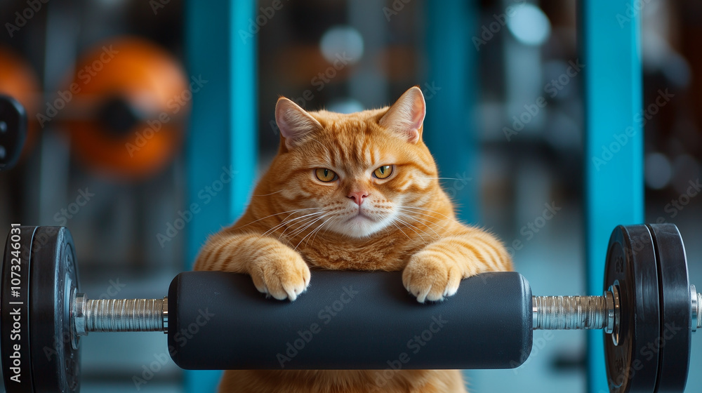 Fototapeta premium Kot bierze udział w treningu w centrum fitness, co symbolizuje humorystyczne podejście do aktywności fizycznej u zwierząt domowych. 