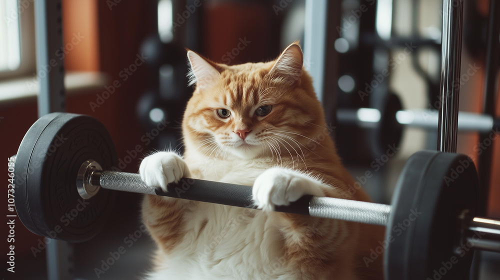 Fototapeta premium Kot bierze udział w treningu w centrum fitness, co symbolizuje humorystyczne podejście do aktywności fizycznej u zwierząt domowych.
