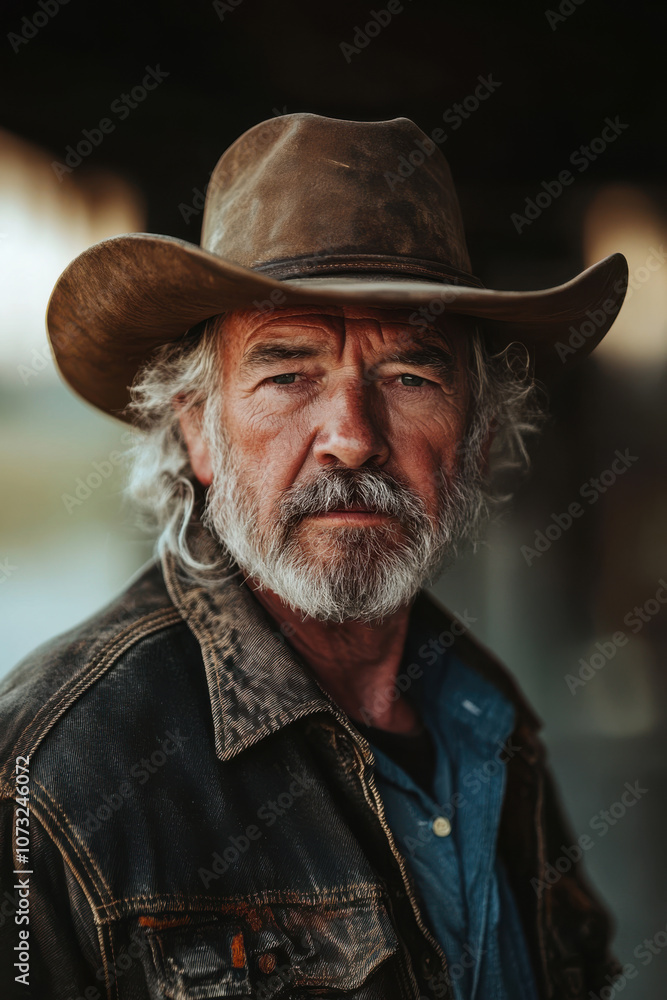Portrait of a grey bearded cowboy with hat and jacket. Blurry landscape in the background. Portrait of a grey bearded cowboy with hat and jacket. Blurry landscape in the background.