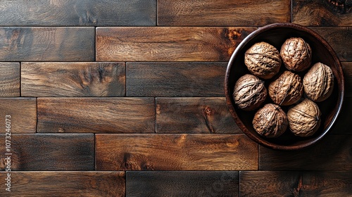 A bowl of walnuts on a dark wooden surface, highlighting natural textures and colors.