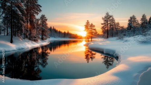 The golden sunset casts a magical glow over a snowy river, framed by snow-laden trees, creating a serene and peaceful winter landscape of natural wonder.