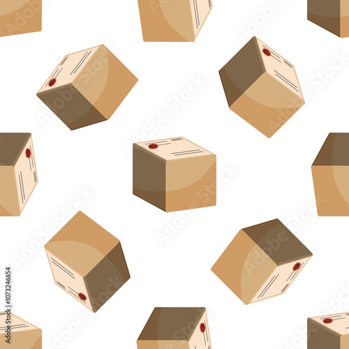 Seamless pattern featuring cardboard boxes with delivery labels and wax seals, ideal for projects related to shipping, logistics, and e commerce