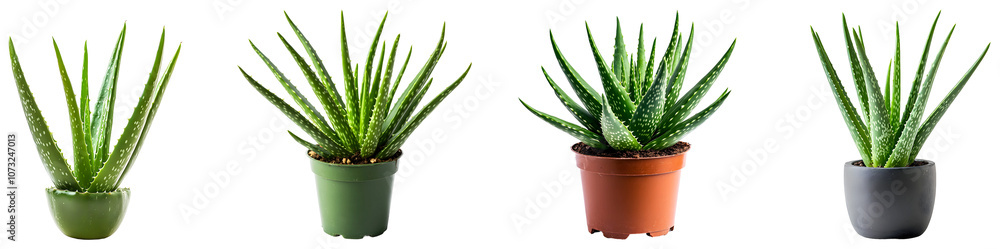 Aloe vera plants in various pots arranged for display indoors isolated on transparent background Aloe vera plants in various pots arranged for display indoors isolated on transparent background