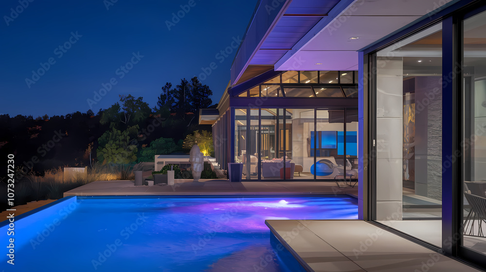 Fototapeta premium Modern home exterior at night featuring a pool with purple lighting, surrounded by greenery and stylish architecture.