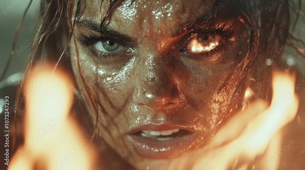 A cinematic close-up depicts an intense woman with a fiery gaze surrounded by burning flames, illustrating themes of resilience and unyielding spirit in adversity. A cinematic close-up depicts an intense woman with a fiery gaze surrounded by burning flames, illustrating themes of resilience and unyielding spirit in adversity.