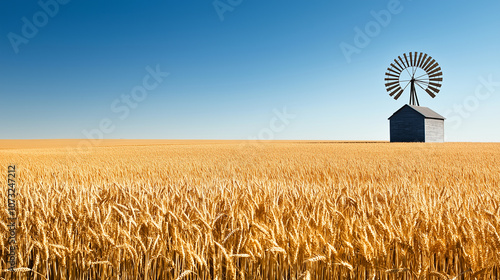 Classic countryside windmill in field of golden wheat under clear blue sky, creating serene and picturesque rural landscape