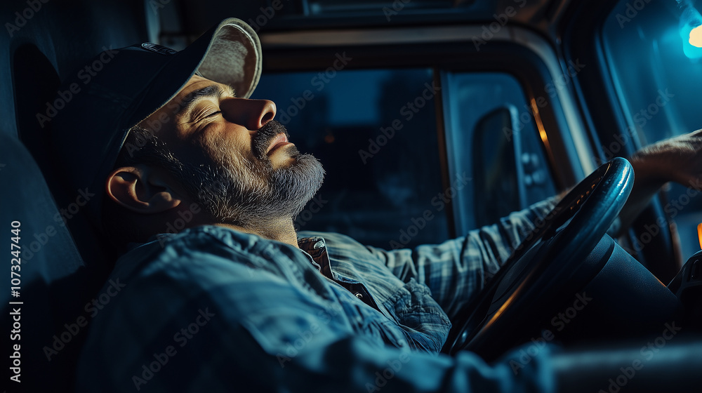 Naklejka premium Zmęczony kierowca ciężarówki, który zasnął za kierownicą, zmęczony po wielu godzinach spędzonych na drodze.