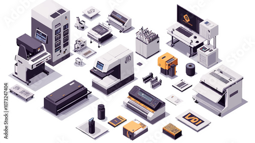 Polygraph isometric set of professional equipment for various types of printing with workers servicing machines vector illustration.