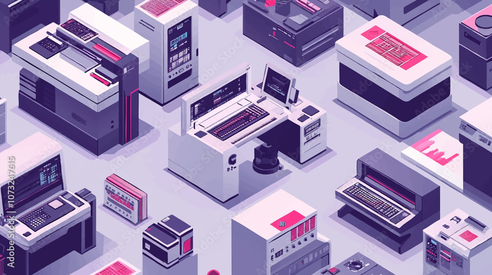 Polygraph isometric set of professional equipment for various types of printing with workers servicing machines vector illustration. Polygraph isometric set of professional equipment for various types of printing with workers servicing machines vector illustration.