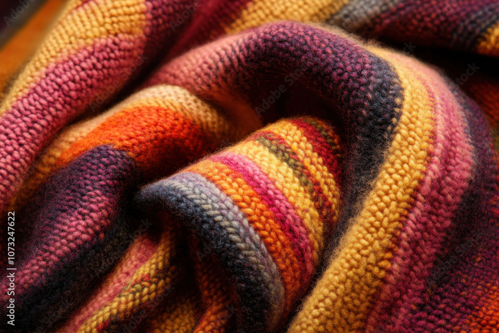 Close-up of a colorful, textured woolen fabric with a striped pattern, featuring shades of red, orange, and yellow creating a warm and cozy atmosphere. Close-up of a colorful, textured woolen fabric with a striped pattern, featuring shades of red, orange, and yellow creating a warm and cozy atmosphere.