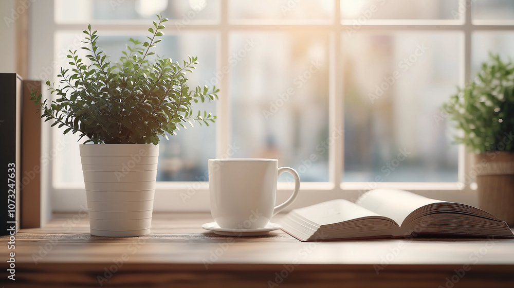 custom made wallpaper toronto digitalcozy scene featuring potted plant, white cup on saucer, and open book on wooden table by sunlit window. This inviting atmosphere encourages relaxation and reading