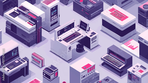 Polygraph isometric set of professional equipment for various types of printing with workers servicing machines vector illustration.