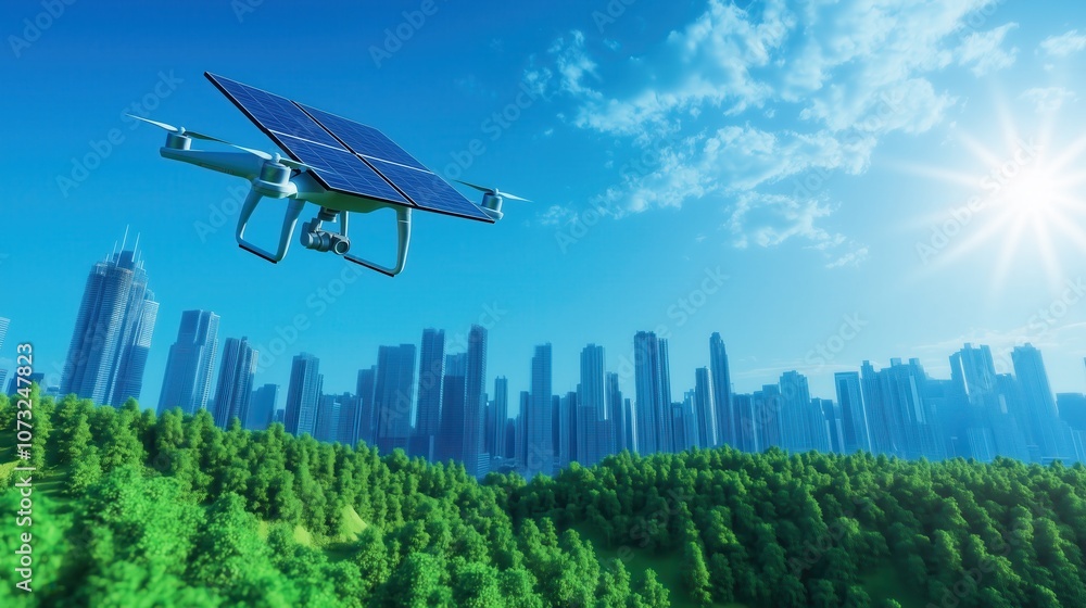 A solar-powered drone flies over a lush green landscape with a modern city skyline under a bright blue sky. A solar-powered drone flies over a lush green landscape with a modern city skyline under a bright blue sky.