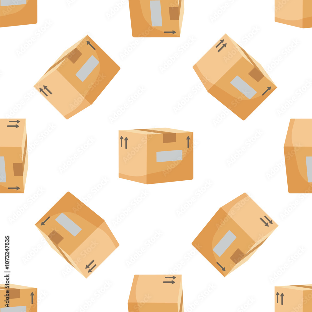 Seamless pattern of delivery cardboard boxes rotating on white background, perfect for e commerce and shipping related designs Seamless pattern of delivery cardboard boxes rotating on white background, perfect for e commerce and shipping related designs