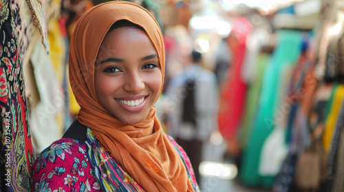 Smiling young woman in a hijab, brightly colored outfit, outdoor market setting, looking straight into the camera