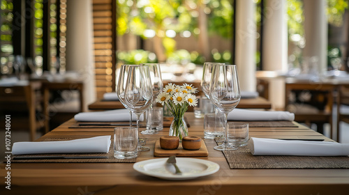 Elegant dining table setting with glassware, flowers, and cutlery, surrounded by serene atmosphere. Perfect for memorable meal experience photo