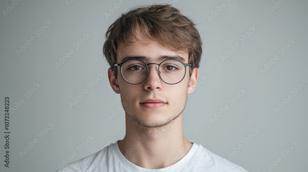 Minimalist portrait of a young man with glasses, simple gray background, soft natural light, casual attire Minimalist portrait of a young man with glasses, simple gray background, soft natural light, casual attire