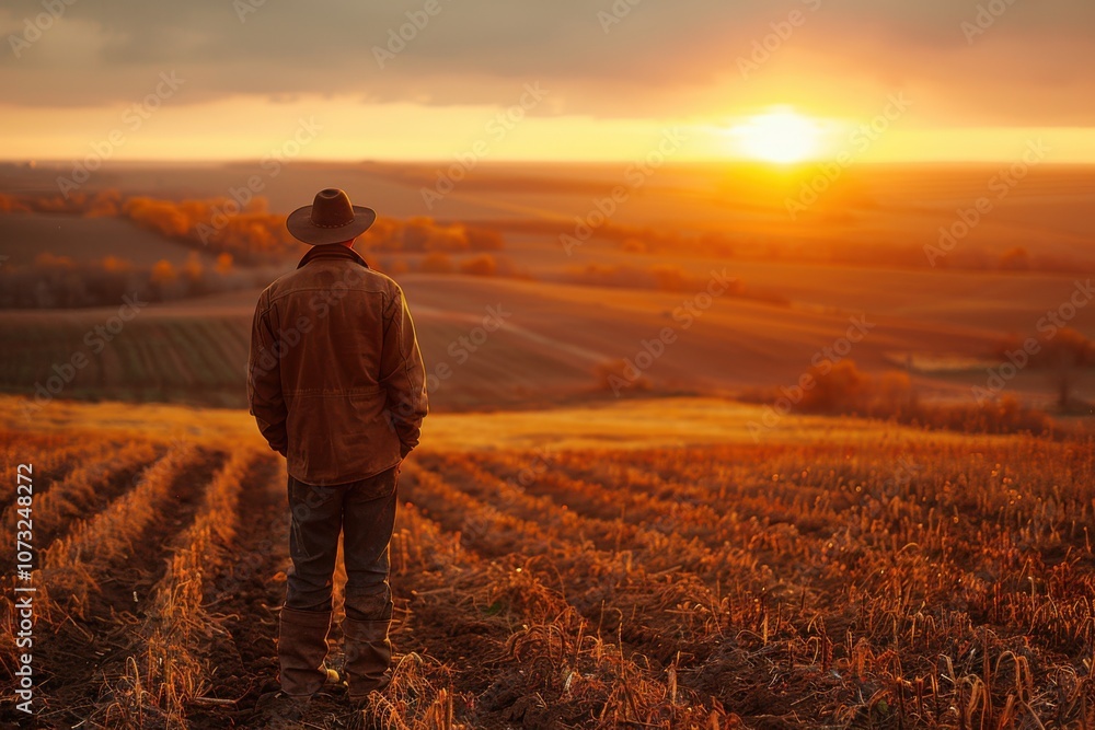 Farmer Practicing No-Till Farming at Sunset in Field Farmer Practicing No-Till Farming at Sunset in Field