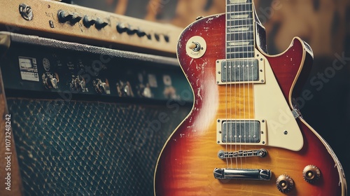 A vintage sunburst electric guitar in front of a guitar amplifier. photo