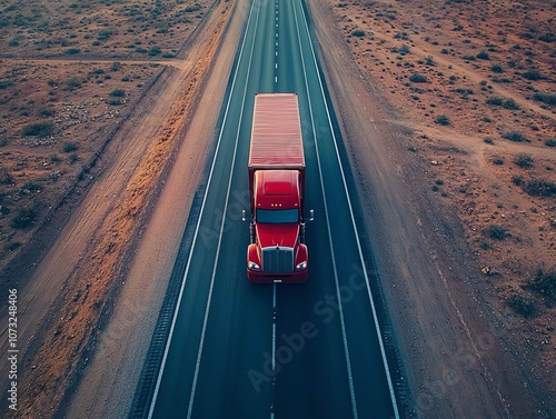 A red truck drives down a deserted highway, surrounded by a rugged landscape under a clear sky. photo