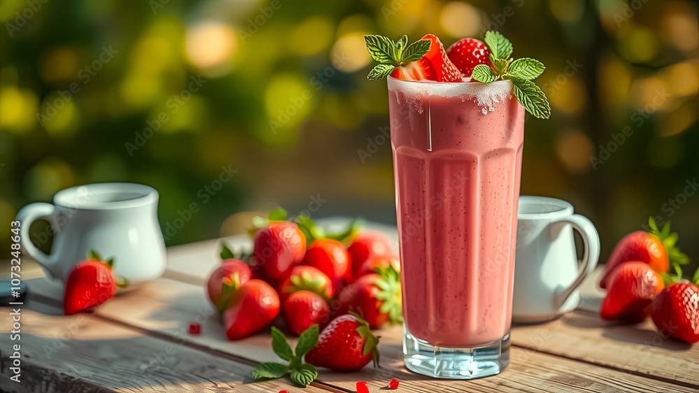 Refreshing strawberry smoothie with a garnish of fresh mint leaves, served in a tall glass on a wooden table surrounded by ripe strawberries.