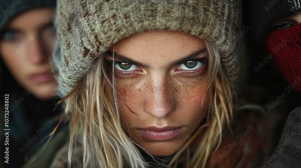 A fierce woman, staring intensely, wears winter clothing, surrounded by blurred figures in a mysterious setting, highlighting freckles and striking eyes. A fierce woman, staring intensely, wears winter clothing, surrounded by blurred figures in a mysterious setting, highlighting freckles and striking eyes.