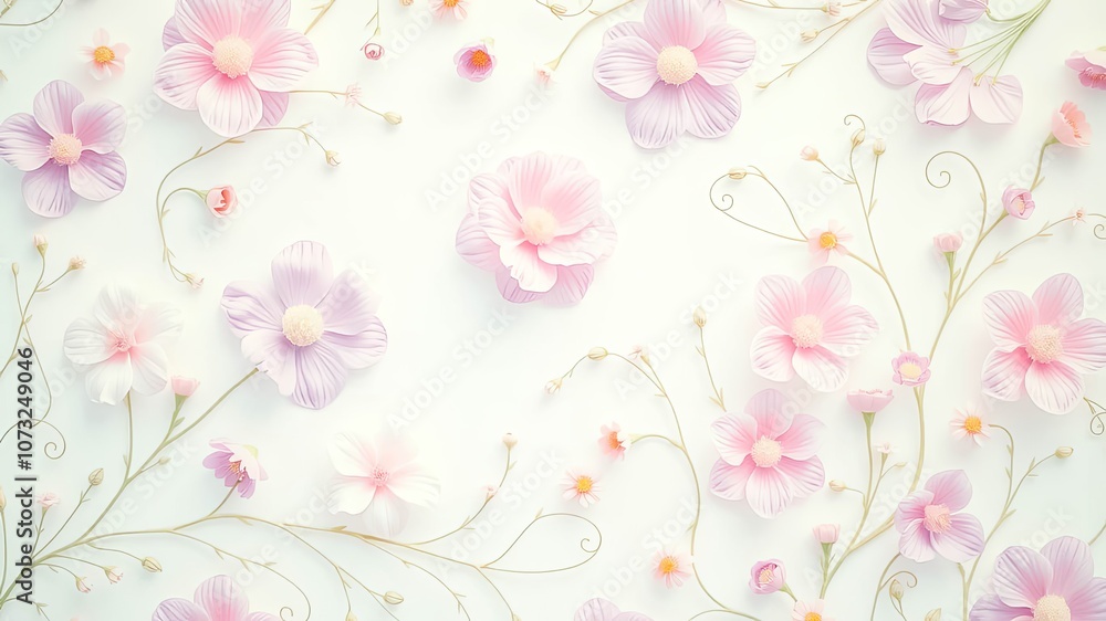 Fototapeta Delicate pastel pink flowers arranged on a white background in a repeating pattern, creating a visually appealing and calming floral design.