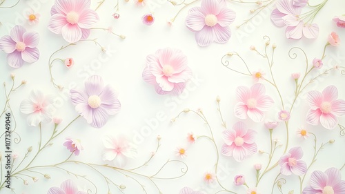 Delicate pastel pink flowers arranged on a white background in a repeating pattern, creating a visually appealing and calming floral design.