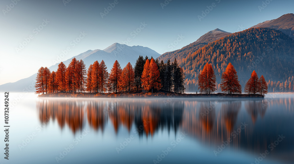 Fototapeta premium serene early morning lake scene featuring fog over calm water, surrounded by vibrant autumn trees reflecting on surface. mountains in background add to tranquil atmosphere