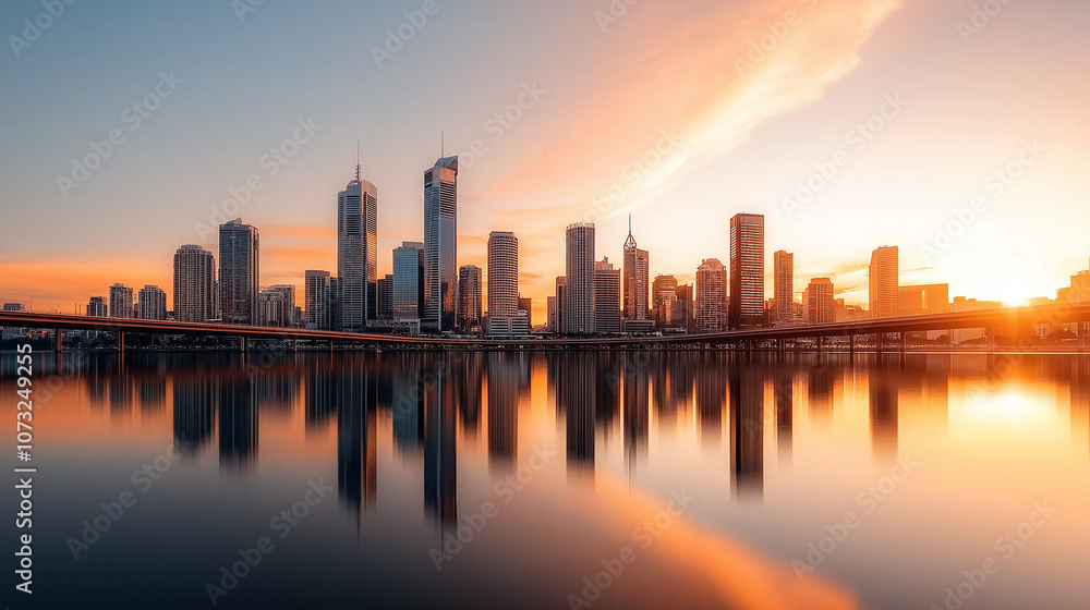 stunning sunset view of modern city skyline reflected in river, showcasing tall buildings and vibrant sky. scene evokes tranquility and beauty stunning sunset view of modern city skyline reflected in river, showcasing tall buildings and vibrant sky. scene evokes tranquility and beauty