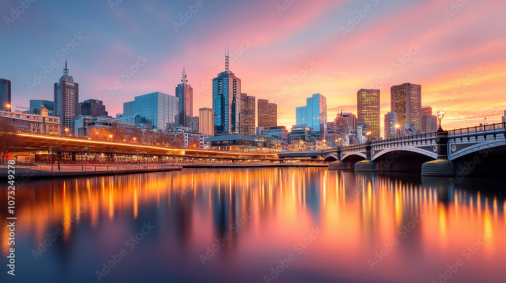 Melbourne skyline at sunset with modern bridge over river, reflecting vibrant colors in water. stunning urban landscape showcasing city lights and architecture Melbourne skyline at sunset with modern bridge over river, reflecting vibrant colors in water. stunning urban landscape showcasing city lights and architecture