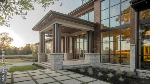Wallpaper Mural Modern entrance of a luxurious home featuring large windows, stone pillars, and a landscaped pathway, bathed in warm sunlight. Torontodigital.ca