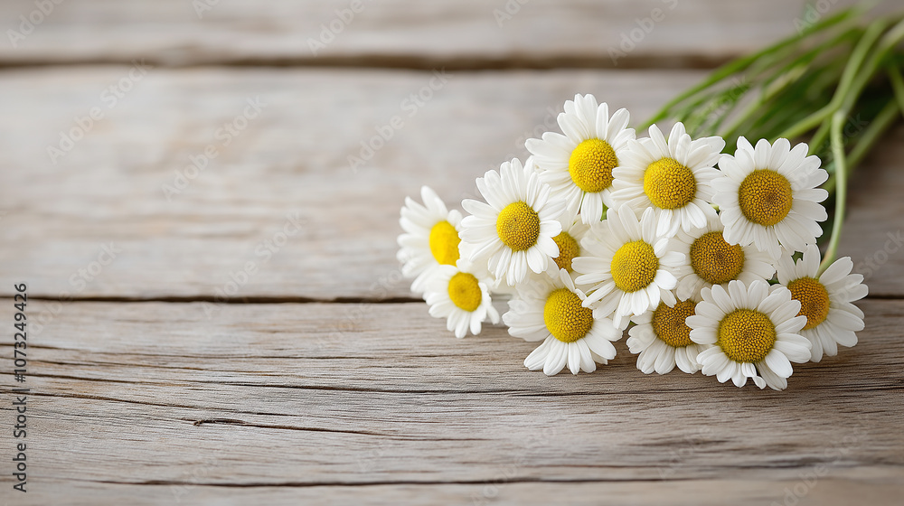 Obraz premium Fresh and vibrant bouquet of daisies on rustic wooden table, evoking cheerful and natural atmosphere. Perfect for spring decor or floral arrangements