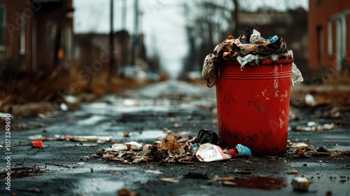 A red trash can full of garbage sits on an empty street in an urban setting, surrounded by litter and debris, conveying neglect and urban decay. photo