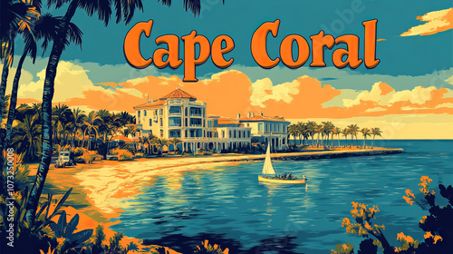 Cape Coral, USA, modern french vintage travel poster with bold title text. Cityscape and city skyline.Classic traditional. Clear, simple, trendy