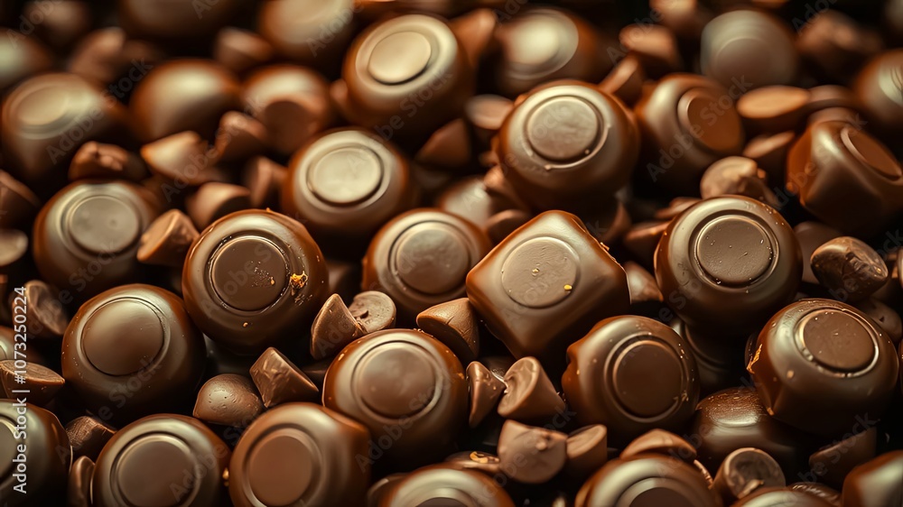 A close-up view of a chocolate treat, featuring a mixture of round chocolate chips and smooth, dark chocolate candies, creating a delicious and tempting visual feast. A close-up view of a chocolate treat, featuring a mixture of round chocolate chips and smooth, dark chocolate candies, creating a delicious and tempting visual feast.