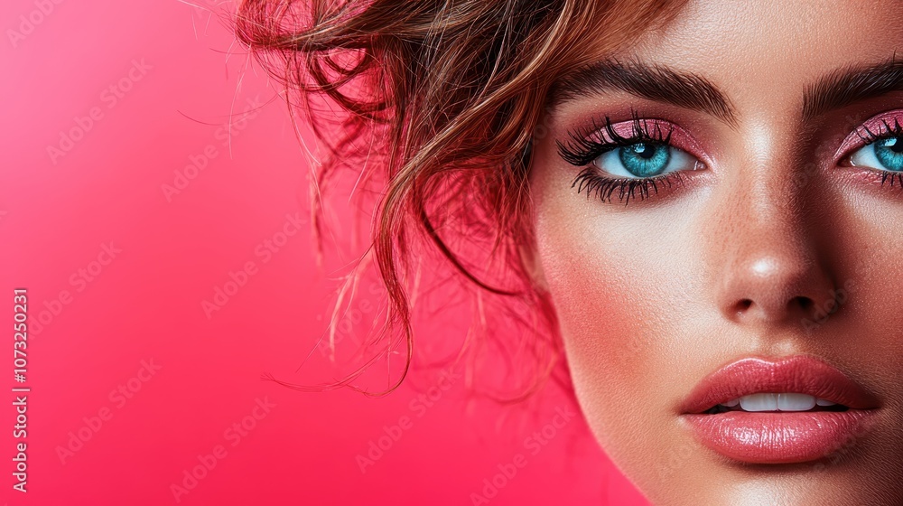 A dramatic close-up of a woman with vibrant blue eyes, curly hair, and pink makeup set against a pink background, emphasizing beauty, expression, and modern aesthetics. A dramatic close-up of a woman with vibrant blue eyes, curly hair, and pink makeup set against a pink background, emphasizing beauty, expression, and modern aesthetics.