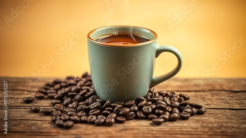A steaming cup of coffee resting on a bed of roasted beans, a perfect morning ritual