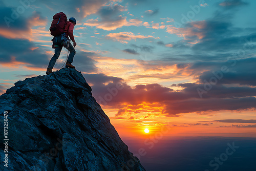 A person climbing a mountain peak at sunrise, symbolizing motivation, achievement, and reaching goals, set against a beautiful natural landscape, inspiring determination and perseverance.
