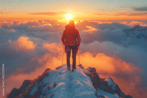 A person climbing a mountain peak at sunrise, symbolizing motivation, achievement, and reaching goals, set against a beautiful natural landscape, inspiring determination and perseverance.
