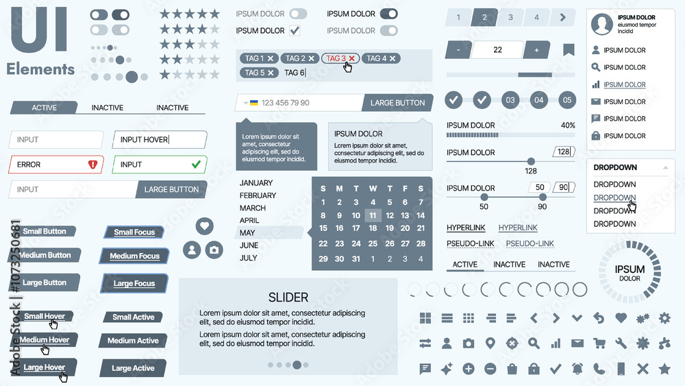 Modern UI kit featuring a collection of essential buttons, icons, and navigation elements for websites and mobile apps. Ideal for responsive design and dashboards. Modern UI kit featuring a collection of essential buttons, icons, and navigation elements for websites and mobile apps. Ideal for responsive design and dashboards.